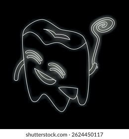 Glowing neon style illustration of a cute decayed tooth character eating a lollipop