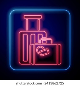 Glowing neon Suitcase for travel icon isolated on blue background. Traveling baggage sign. Travel luggage icon.  Vector Illustration