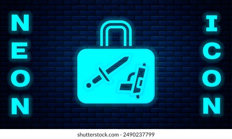 Glowing neon Suitcase for travel icon isolated on brick wall background. Traveling baggage sign. Travel luggage icon.  Vector