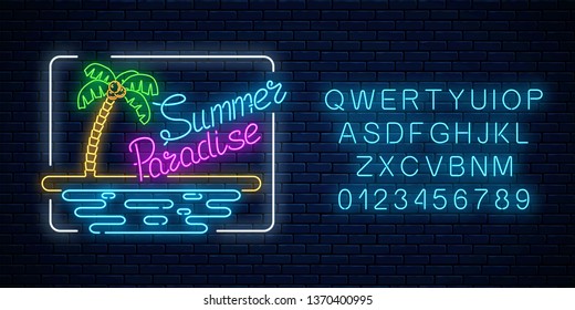 Glowing neon summer paradise sign with palm, beach and ocean in rectangle frame with alphabet on dark brick wall background. Shiny summertime vacation symbol. Vector illustration.