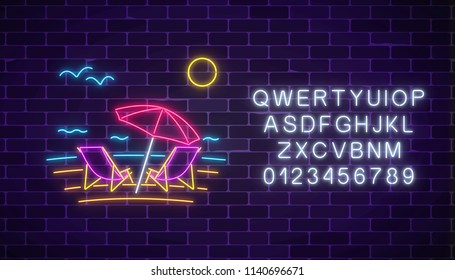 Glowing neon summer sign with chaise lounges, beach umbrella, ocean, gulls and alphabet on dark brick wall background. Shiny summertime symbol. Deck chairs under umbrella on beach. Vector illustration