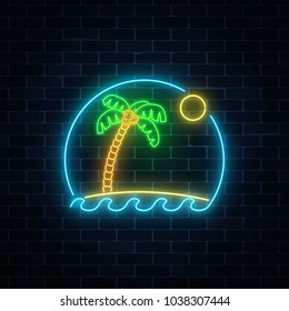 Glowing neon summer sign with palm, sun, island and ocean in round frame on dark brick wall background. Shiny summertime symbol. Vector illustration.