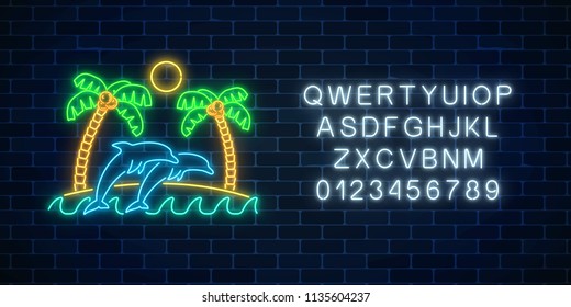 Glowing neon summer sign with palms, sun, island and jumping dolphins with alphabet in ocean on dark brick wall background. Shiny summertime symbol. Summer design template.Vector illustration.