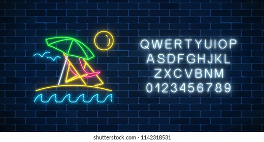 Glowing neon summer sign with umbrella, sun, chaise-longue and alphabet on dark brick wall background. Shiny summertime symbol. Deck chair on island beach near blue sea. Vector illustration.