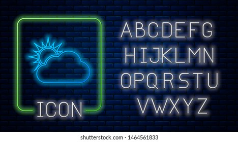 Glowing neon Sun and cloud weather icon isolated on brick wall background. Neon light alphabet. Vector Illustration