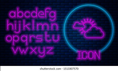Glowing neon Sun and cloud weather icon isolated on brick wall background. Neon light alphabet. Vector Illustration