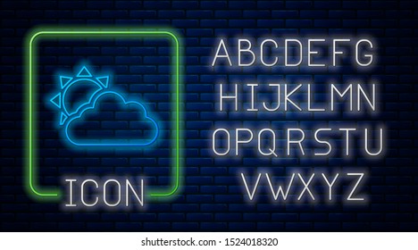 Glowing neon Sun and cloud weather icon isolated on brick wall background. Neon light alphabet. Vector Illustration