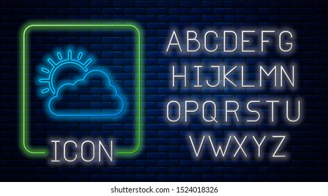 Glowing neon Sun and cloud weather icon isolated on brick wall background. Neon light alphabet. Vector Illustration