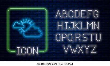 Glowing neon Sun and cloud weather icon isolated on brick wall background. Neon light alphabet. Vector Illustration