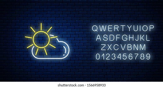 Glowing neon with sun and cloud weather icon with alphabet. Cloudy symbol with sunny in neon style to weather forecast in mobile application. Vector illustration.