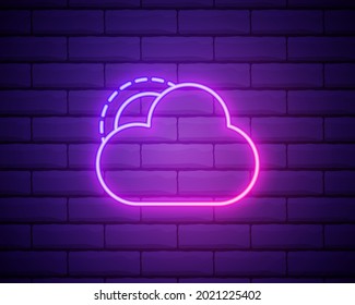 Leuchtendes Neon mit Sonne und Wolke-Wettersymbol auf dunklem Ziegelmauerhintergrund. Bewölktes Symbol mit sonniger Sonne im Neonstil, um Wettervorhersage in mobilen Anwendungen. Vektorgrafik.