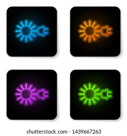 Glowing neon Sun with electric plug icon isolated on white background. Energy saving concept. Black square button. Vector Illustration