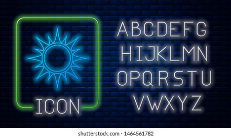 Glowing neon Sun icon isolated on brick wall background. Neon light alphabet. Vector Illustration