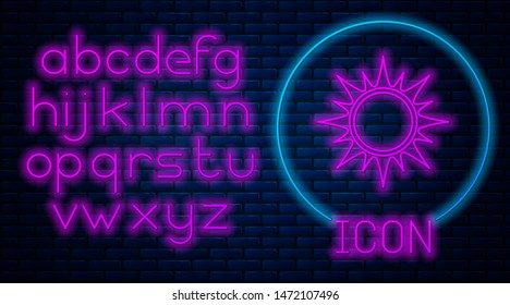 Glowing neon Sun icon isolated on brick wall background. Neon light alphabet. Vector Illustration