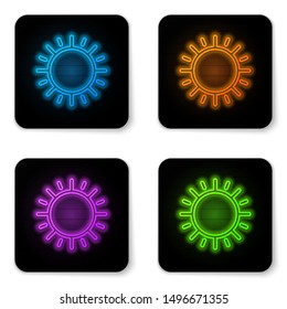 Glowing neon Sun icon isolated on white background. Black square button. Vector Illustration