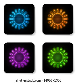 Glowing neon Sun icon isolated on white background. Black square button. Vector Illustration