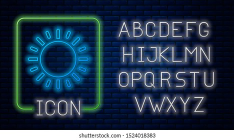 Glowing neon Sun icon isolated on brick wall background. Neon light alphabet. Vector Illustration