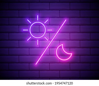 Glowing neon Sun and moon icon isolated on brick wall background. Weather daytime and night. Vector Illustration.