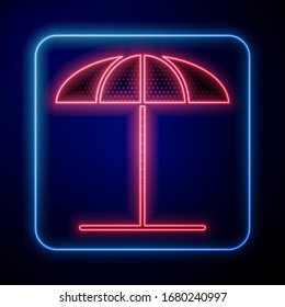 Glowing neon Sun protective umbrella for beach icon isolated on blue background. Large parasol for outdoor space. Beach umbrella.  Vector Illustration