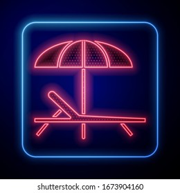 Glowing neon Sunbed icon isolated on blue background. Beach umbrella and Sun lounger.  Vector Illustration