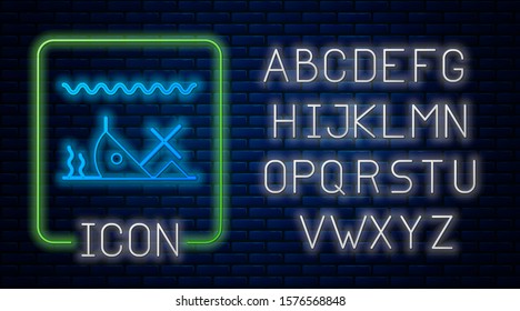 Glowing neon Sunken ship at the bottom of the sea icon isolated on brick wall background. Neon light alphabet. Vector Illustration
