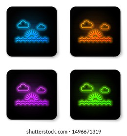 Glowing neon Sunset icon isolated on white background. Black square button. Vector Illustration