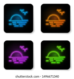Glowing neon Sunset icon isolated on white background. Black square button. Vector Illustration