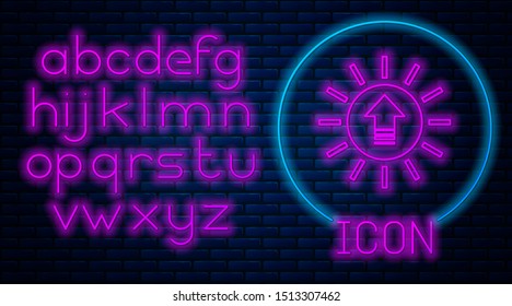 Glowing neon Sunset icon isolated on brick wall background. Neon light alphabet. Vector Illustration