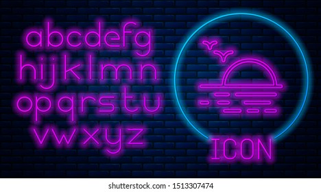Glowing neon Sunset icon isolated on brick wall background. Neon light alphabet. Vector Illustration