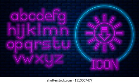 Glowing neon Sunset icon isolated on brick wall background. Neon light alphabet. Vector Illustration