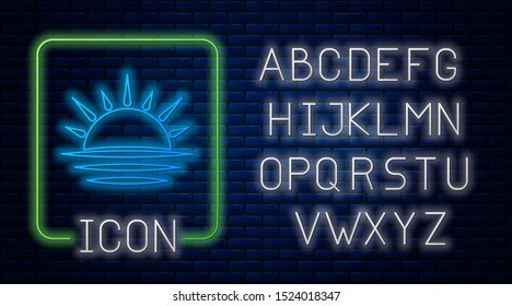 Glowing neon Sunset icon isolated on brick wall background. Neon light alphabet. Vector Illustration