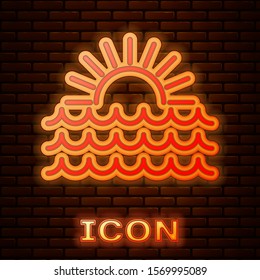 Glowing neon Sunset icon isolated on brick wall background.  Vector Illustration