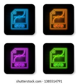 Glowing neon SVG file document icon. Download svg button icon isolated on white background. SVG file symbol. Black square button. Vector Illustration