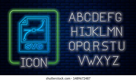 Glowing neon SVG file document. Download svg button icon isolated on brick wall background. SVG file symbol. Neon light alphabet. Vector Illustration