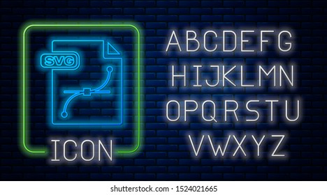 Glowing neon SVG file document. Download svg button icon isolated on brick wall background. SVG file symbol. Neon light alphabet. Vector Illustration