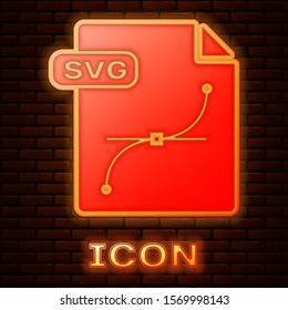Glowing neon SVG file document. Download svg button icon isolated on brick wall background. SVG file symbol.  Vector Illustration