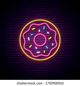 Glowing neon sweet donut. Bagel sign. Candy glaze on donut. Stock vector illustration.