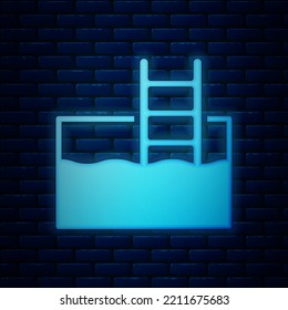 Glowing neon Swimming pool with ladder icon isolated on brick wall background.  Vector