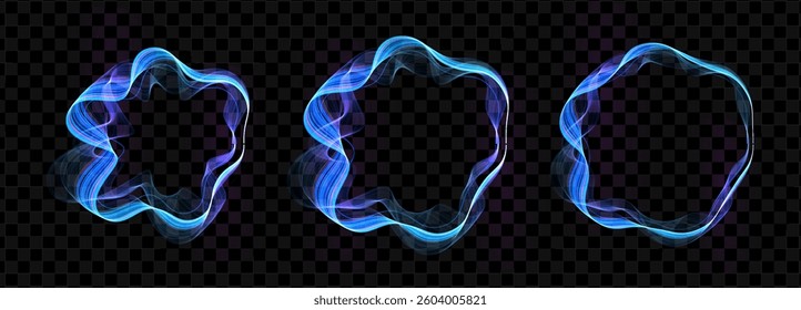 Glowing neon swirl rings forming circular frames with dynamic wave effect, creating futuristic motion and energy. Abstract modern tech and sound equalizer design element. Vector illustration.