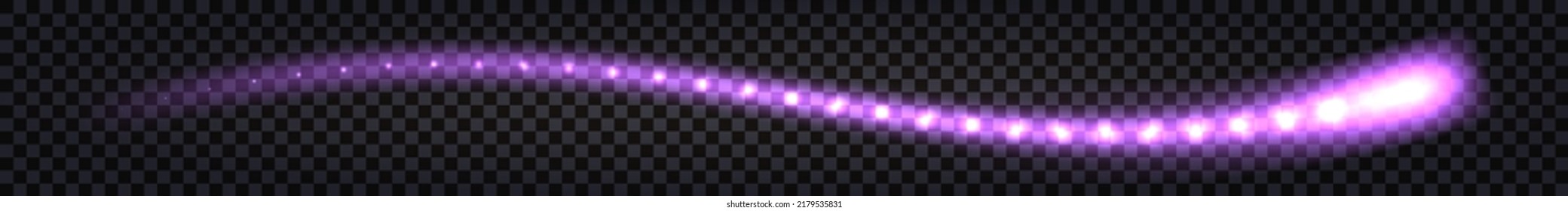 Glowing neon swirl wave, purple light effect with thunder bolt. Light wavy trail, flying shiny sparks, laser beam. Isolated element on dark background, vector illustration