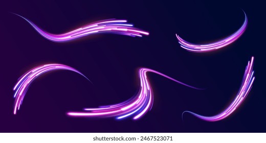 Glowing neon swirls with headlights in a big set. Neon light effect on a winding street. The effect of a long yellow and red path or autobahn at night.