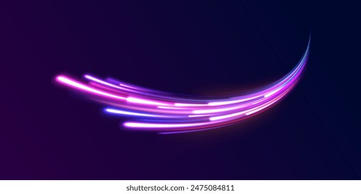 Glowing neon swirls with headlights in a big set. Neon light effect on a winding street. The effect of a long yellow and red path or autobahn at night.