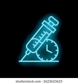 Seringa e relógio de neon luminoso com indicação do prazo de vacinação ou outro procedimento médico