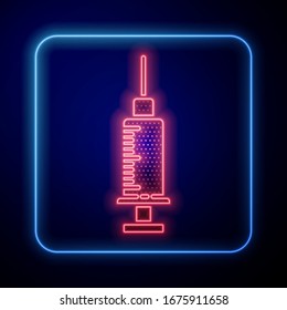 Glowing neon Syringe icon isolated on blue background. Syringe for vaccine, vaccination, injection, flu shot. Medical equipment.  Vector Illustration