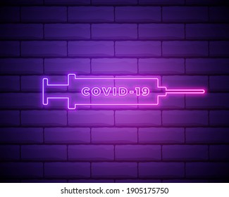 Glowing neon Syringe icon isolated on brick wall background. Syringe for vaccine, vaccination, injection, flu shot. Medical equipment. Vector Illustration.