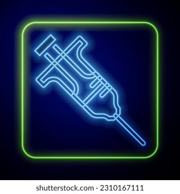 Glowing neon Syringe icon isolated on blue background. Syringe for vaccine, vaccination, injection, flu shot. Medical equipment.  Vector