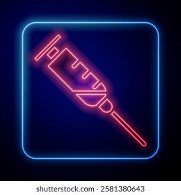 Glowing neon Syringe icon isolated on blue background. Syringe for vaccine, vaccination, injection, flu shot. Medical equipment.  Vector Illustration