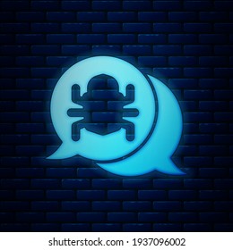 Glowing neon System bug concept icon isolated on brick wall background. Code bug concept. Bug in the system. Bug searching.  Vector