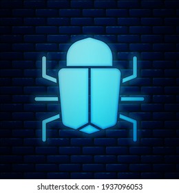 Glowing neon System bug concept icon isolated on brick wall background. Code bug concept. Bug in the system. Bug searching.  Vector