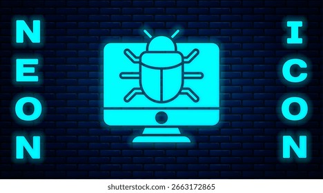 Néon brilhante Bug do sistema no ícone do monitor isolado no fundo da parede de tijolo. Conceito de bug de código. Erro no sistema. Busca de erros.  Vetor